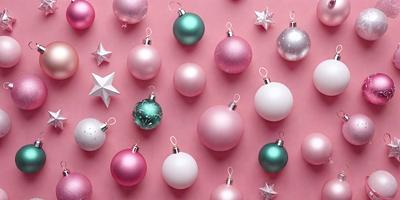 The primary subject of the image is a collection of Christmas ornaments. The ornaments are displayed on a pink background, creating a festive and warm atmosphere. The setting includes a variety of ornaments, such as pink and green balls, and they are arranged in a visually appealing manner. The visual style of the image is a combination of photo and digital art, giving it a realistic yet artistic appearance. The colors and mood of the image are predominantly pink and green, which are associated with the hol